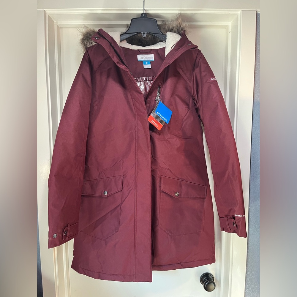Womens Large Columbia Suttle Mountain Long Insulated Jacket Rich Wine Hood New